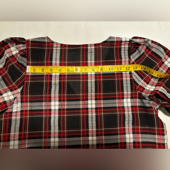 Loft, seersucker red, black & white v neck short elastic puff sleeve, XS - Picture 10 of 12